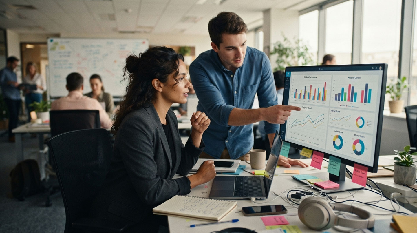 Opératrice IT concentrée devant trois écrans affichant des tableaux de bord data analytics temps réel avec graphiques, métriques et indicateurs de performance, salle de monitoring professionnelle sobre