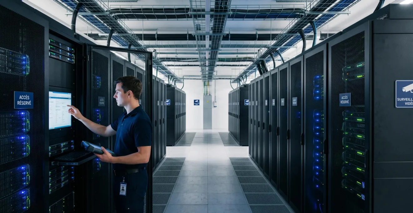Allée centrale d'un datacenter moderne avec rangées symétriques de serveurs racks noirs équipés de LEDs de statut bleues et vertes, technicien professionnel vérifiant un écran de monitoring sur une baie au premier plan, infrastructure hautement sécurisée et organisée