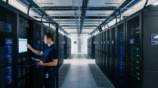 Allée centrale d'un datacenter moderne avec rangées symétriques de serveurs racks noirs équipés de LEDs de statut bleues et vertes, technicien professionnel vérifiant un écran de monitoring sur une baie au premier plan, infrastructure hautement sécurisée et organisée
