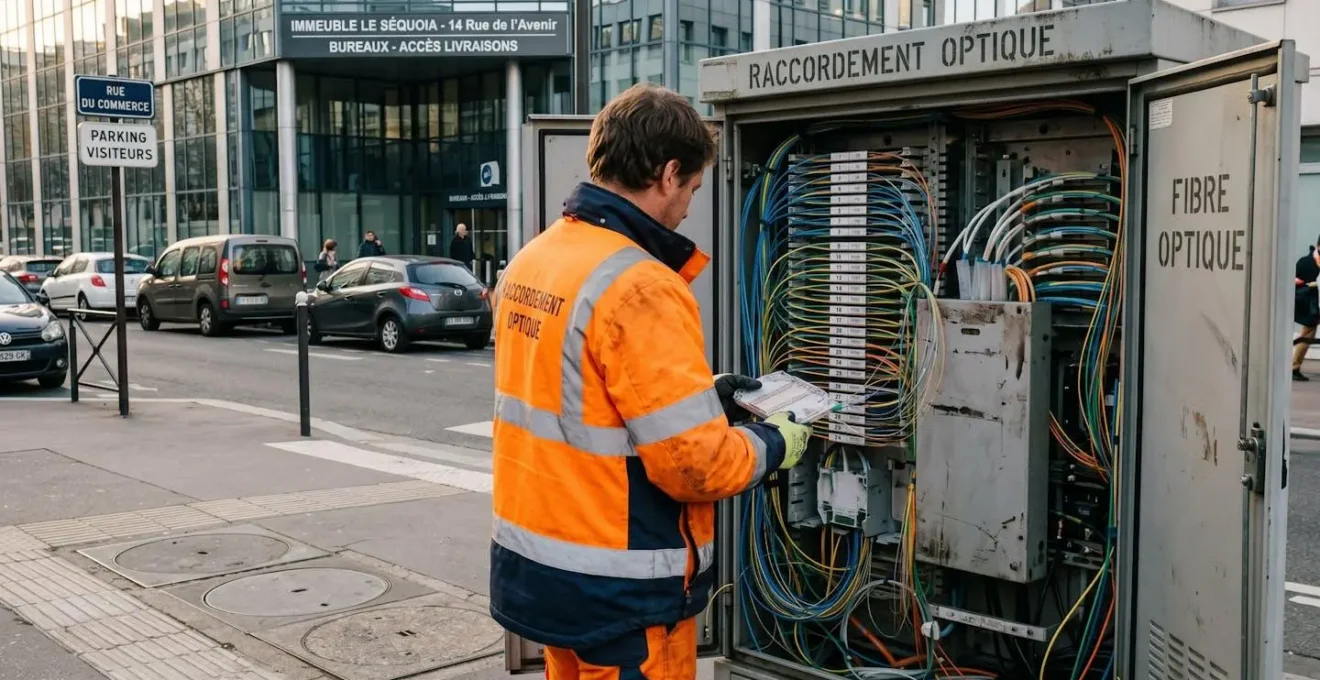 Armoire de raccordement fibre optique ouverte avec technicien manipulant des câbles optiques colorés, en zone d'activité urbaine française