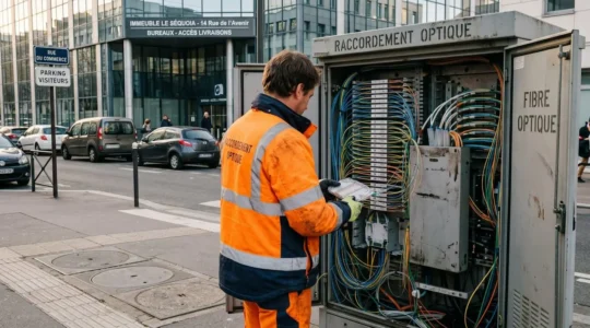 Armoire de raccordement fibre optique ouverte avec technicien manipulant des câbles optiques colorés, en zone d'activité urbaine française