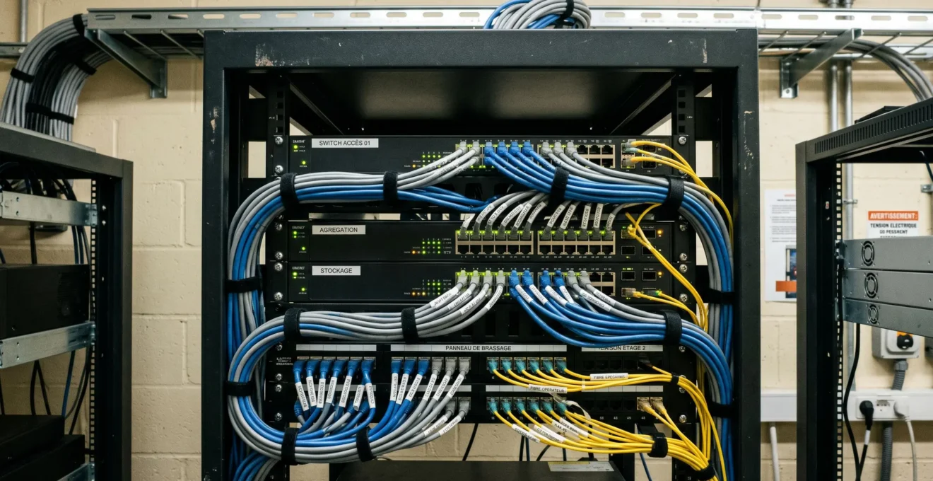 Baie de brassage réseau 19 pouces avec switches actifs, câbles ethernet et fibre optique dans un local technique d'entreprise