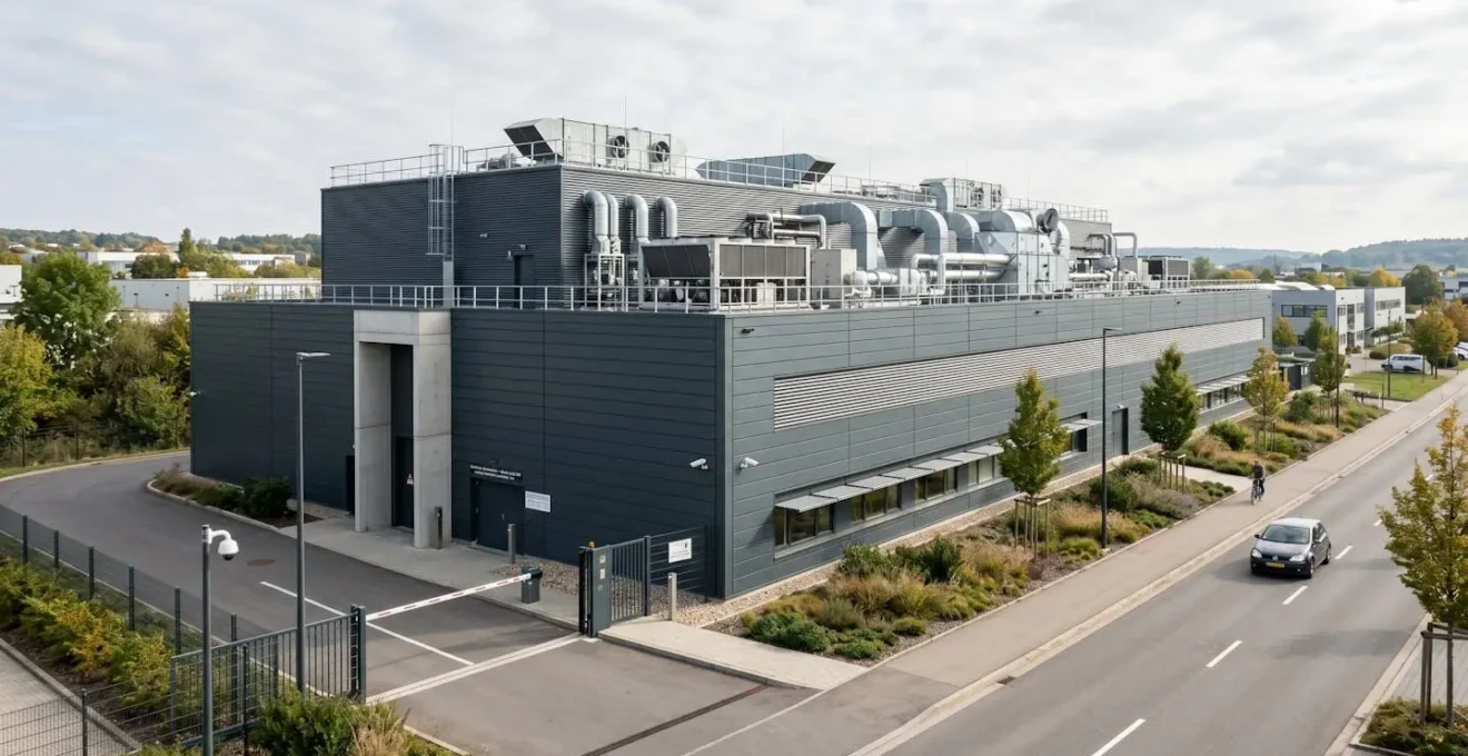Façade extérieure d'un bâtiment datacenter contemporain au Luxembourg, architecture technique sobre en panneaux métalliques gris avec unités de refroidissement visibles, environnement urbain européen moderne, signalétique de sécurité
