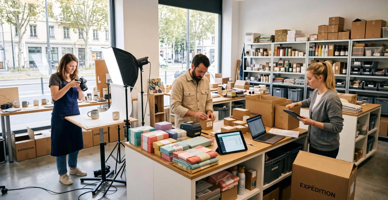 Équipe e-commerce préparant des produits pour distribution multicanale dans un showroom moderne