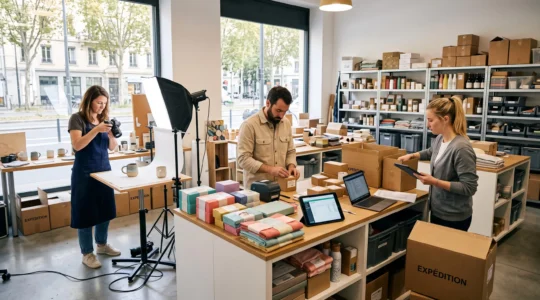 Équipe e-commerce préparant des produits pour distribution multicanale dans un showroom moderne