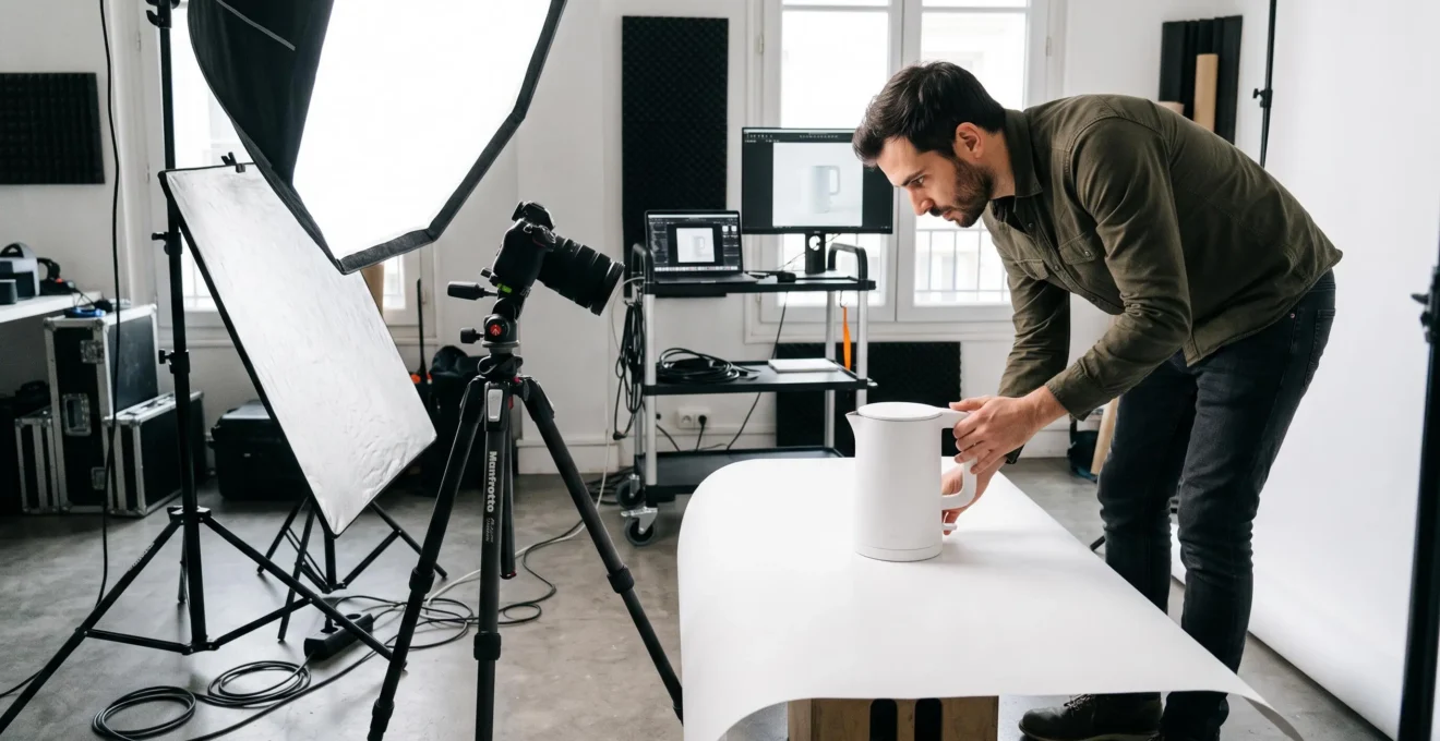 Photographe professionnel préparant un shooting produit avec équipement d'éclairage dans un studio e-commerce