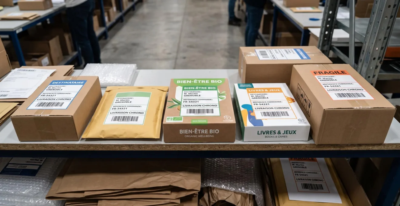 Produits préparés et étiquetés pour expédition sur différents canaux de vente e-commerce